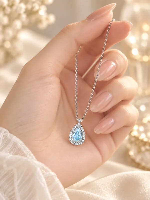 S925 sterling silver teardrop pendant necklace with blue sapphire - view 3