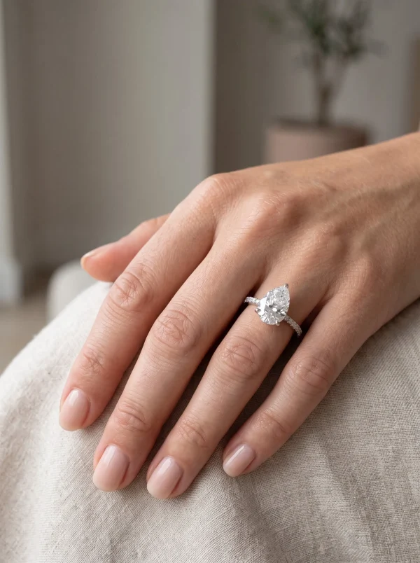 2CT pear-shaped moissanite ring in 925 sterling silver - worn on hand
