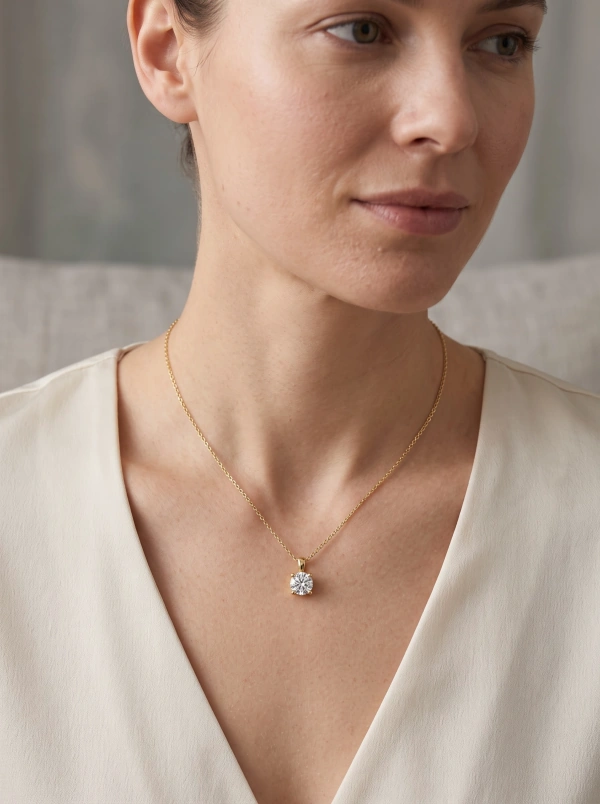 Gold-tone four-prong pendant necklace with a round clear center, shared appearance image 2