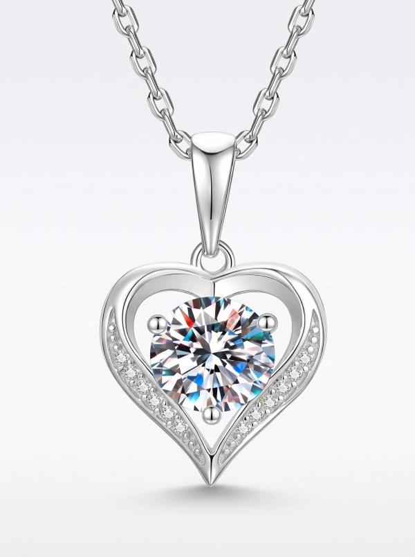 Silver-tone open-heart pendant necklace with a round clear center, shared style image 1