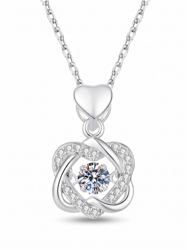 Silver-tone interwoven heart pendant necklace with a round clear center, shared appearance image 1