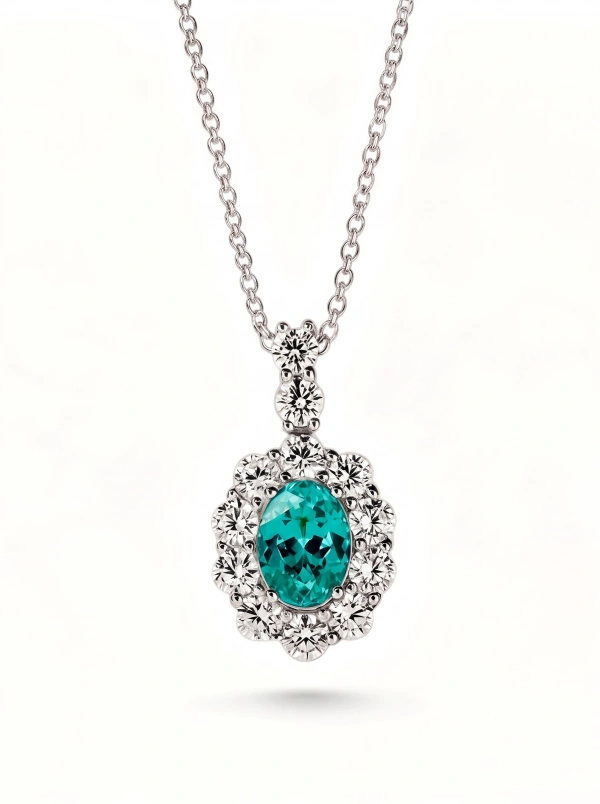 Silver-tone Petal Halo pendant necklace with an oval blue-green center, shared appearance image 1