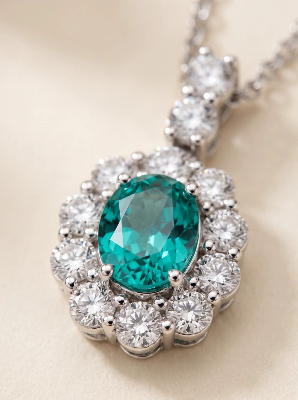 Silver-tone Petal Halo pendant necklace with an oval blue-green center, shared appearance image 2
