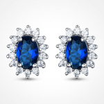 Silver-Tone Deep-Blue Oval Halo Stud Earrings, One Pair