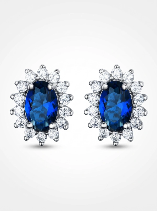 Silver-Tone Deep-Blue Oval Halo Stud Earrings, One Pair