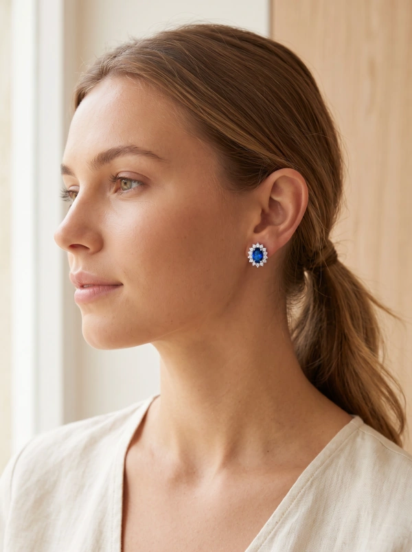 Silver-Tone Deep-Blue Oval Halo Stud Earrings, One Pair