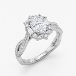 Silver-Tone Oval Moissanite Floral Halo Crossover Ring