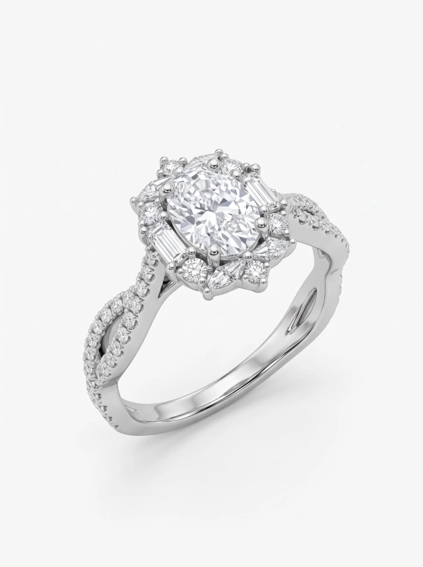 Silver-Tone Oval Moissanite Floral Halo Crossover Ring