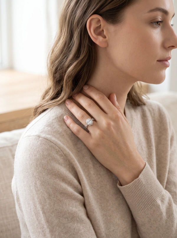 Silver-Tone Oval Moissanite Floral Halo Crossover Ring