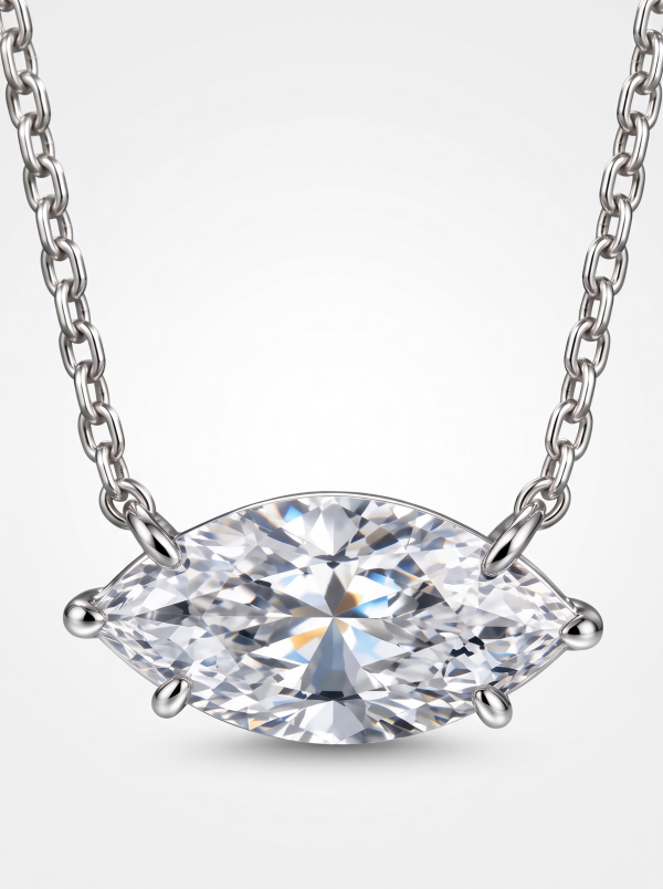 Moissanite pendant necklace with an elongated clear center and silver-tone chain