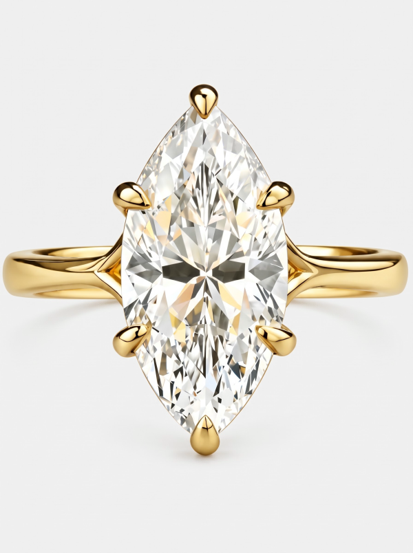 Gold plated moissanite ring with an elongated clear center and a slim band