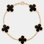 18K Gold-Plated Black Accent Five-Motif Clover Bracelet with Beaded Borders