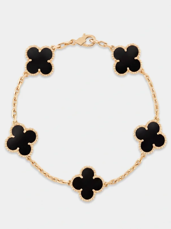 18K Gold-Plated Black Accent Five-Motif Clover Bracelet with Beaded Borders - product image 1 of 6