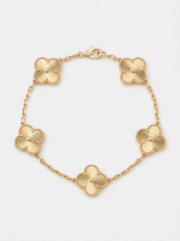 18K Gold-Plated Textured Five-Motif Clover Bracelet with Beaded Borders - product image 1 of 6